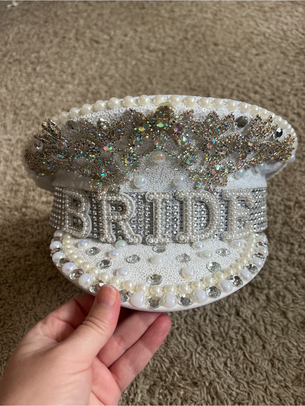 Bride Embellished White Pearl & Crystal Bridal Cap